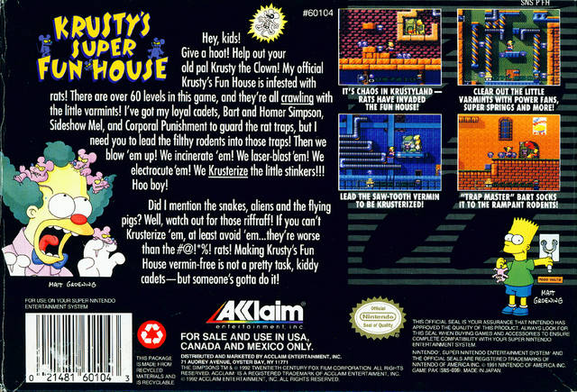 Krusty's Super Funhouse SNES Back